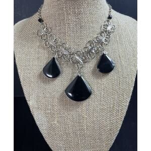 Obsidian Semiprecious Stone & Alpaca Silver Handmade Necklace From Peru NEW